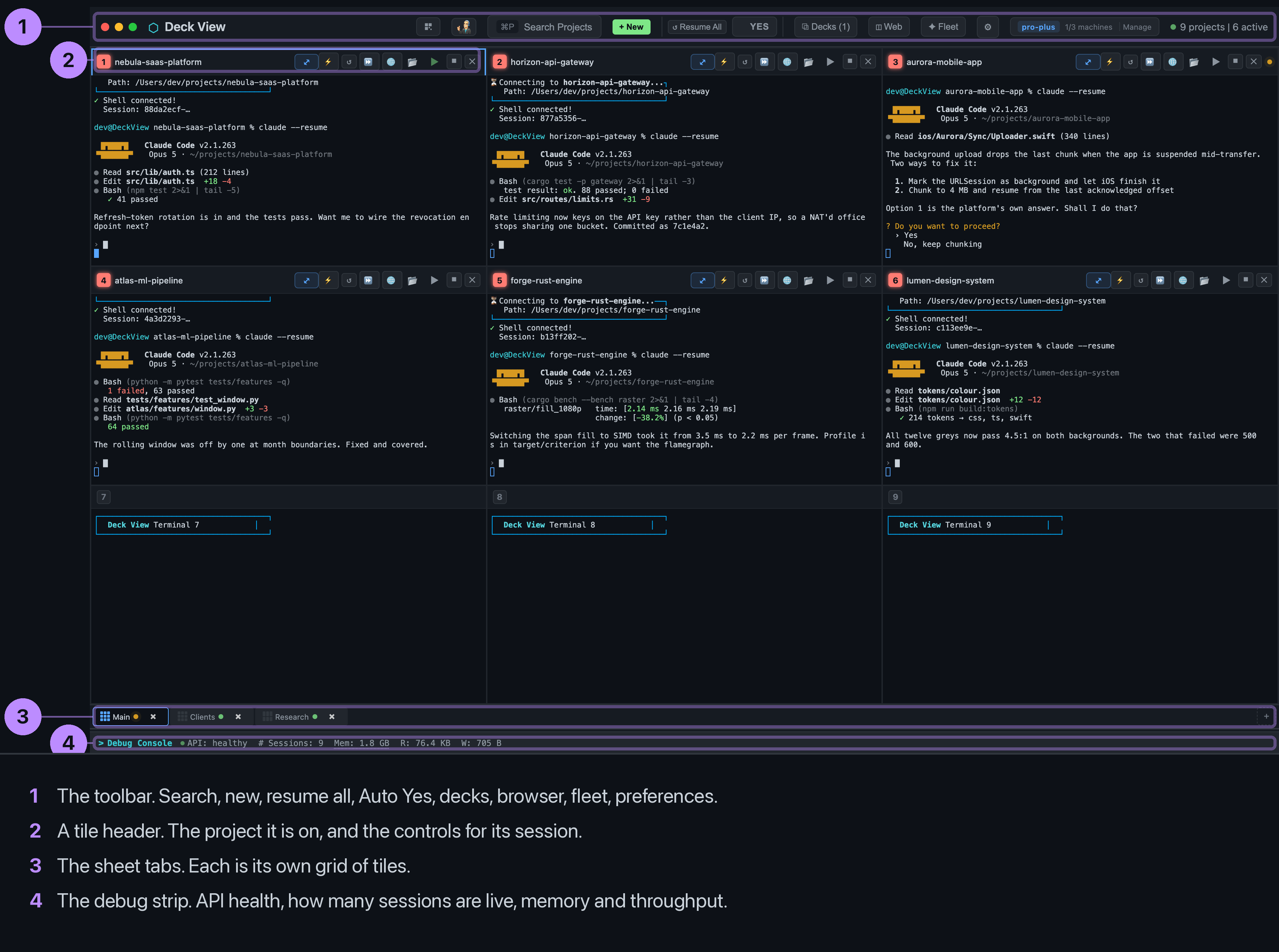 Deck View main window: a 3 by 3 grid of terminal tiles, six running an AI coding agent, with sheet tabs along the bottom