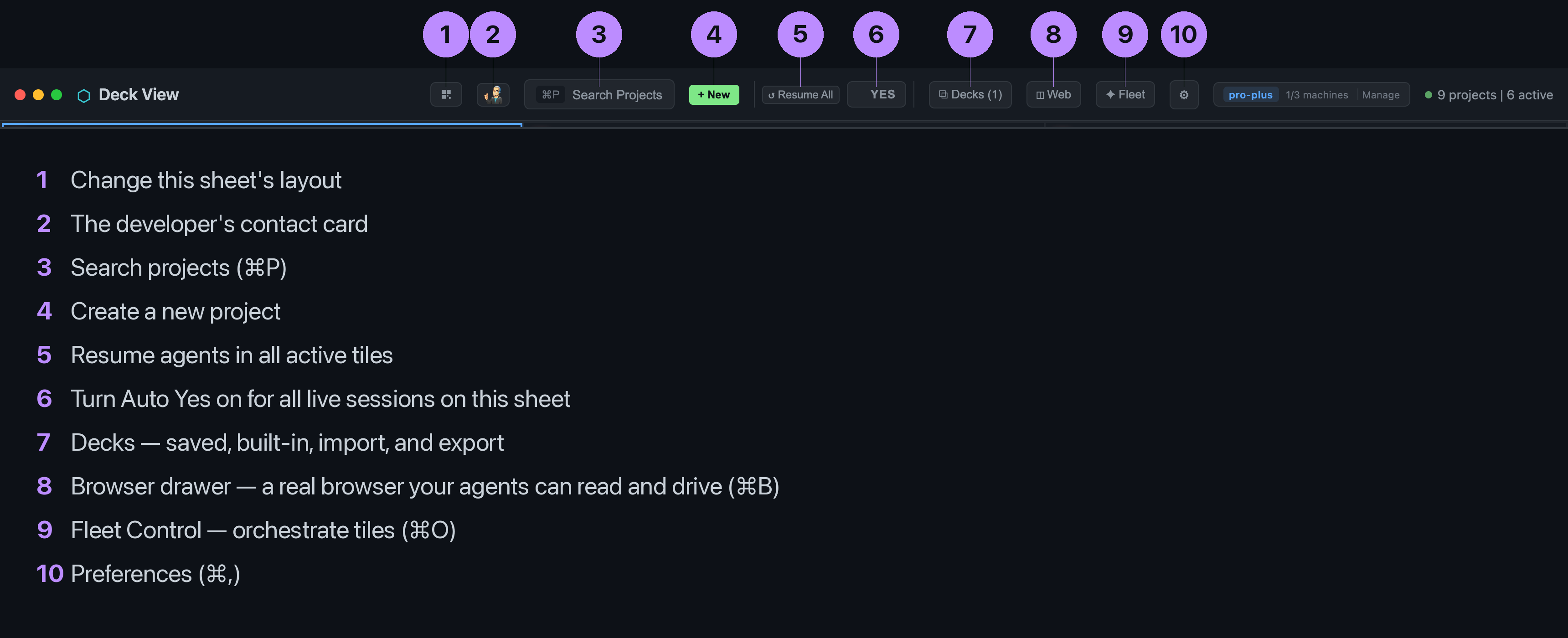 The Deck View toolbar