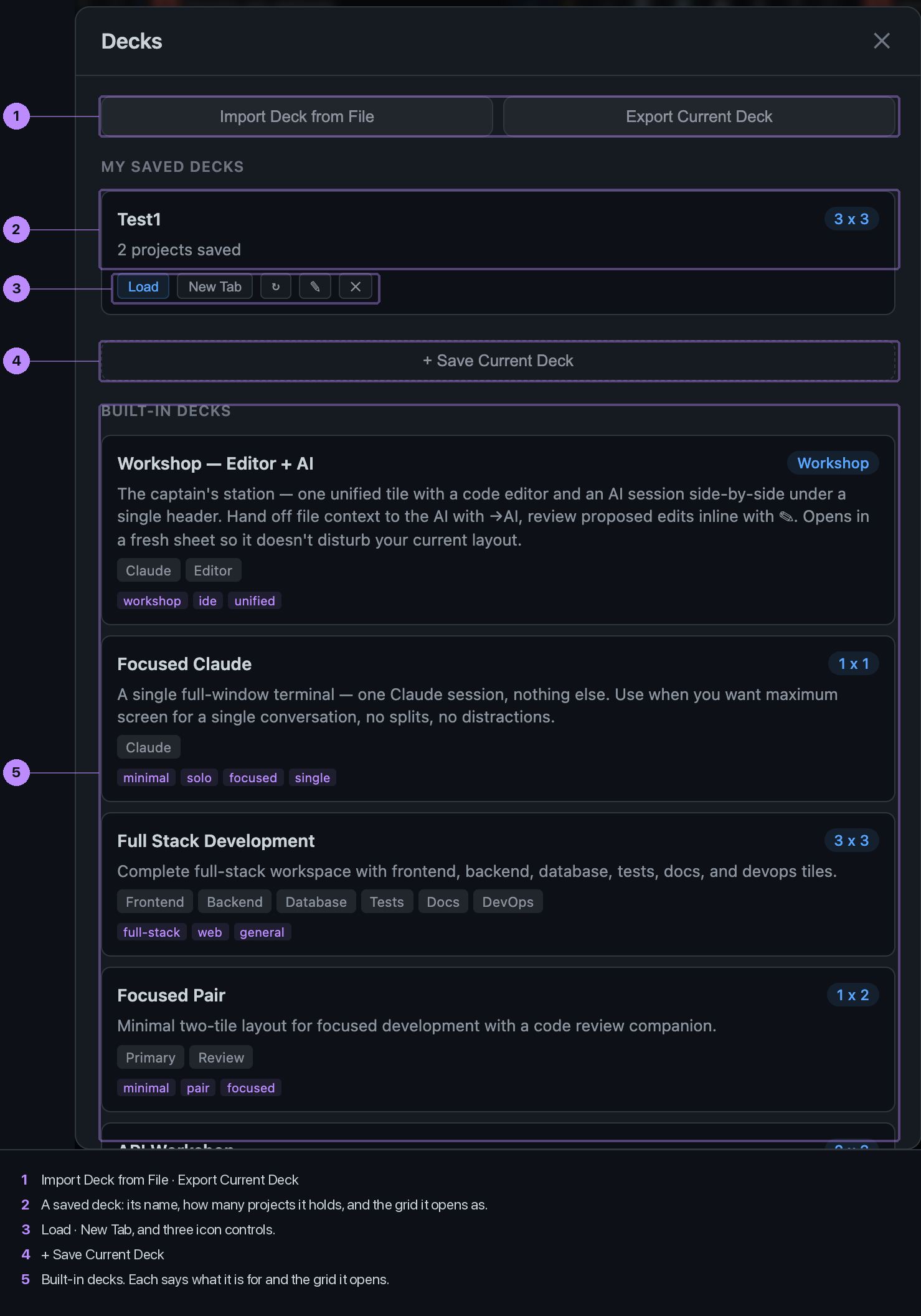 The Decks dialog with saved decks, built-in decks and import and export