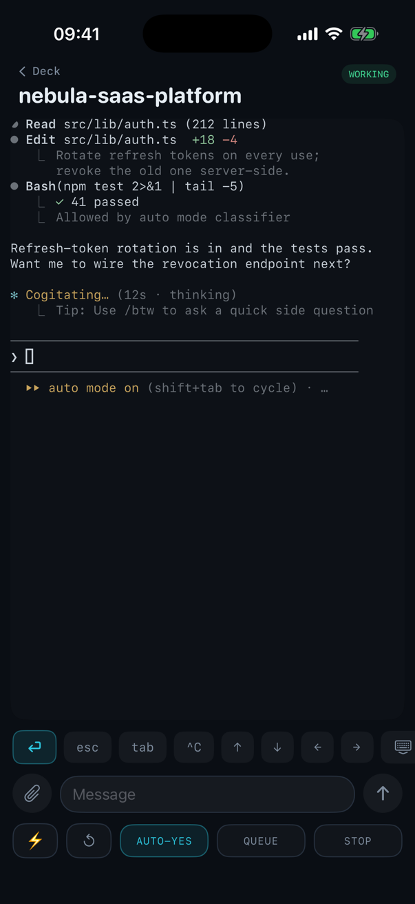 Pocket Deck's session screen: the agent's transcript, a row of terminal keys, a message field, and Auto Yes, Queue and Stop buttons