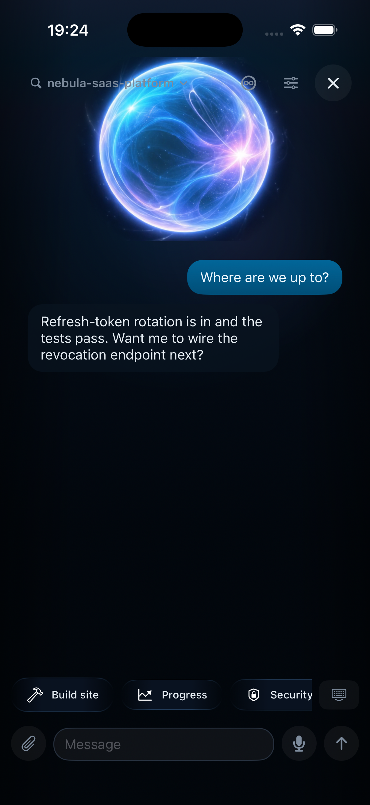 Pocket Deck's voice screen on an iPhone: a glowing orb, the name of the Claude it is talking to, and a spoken exchange between you and the agent